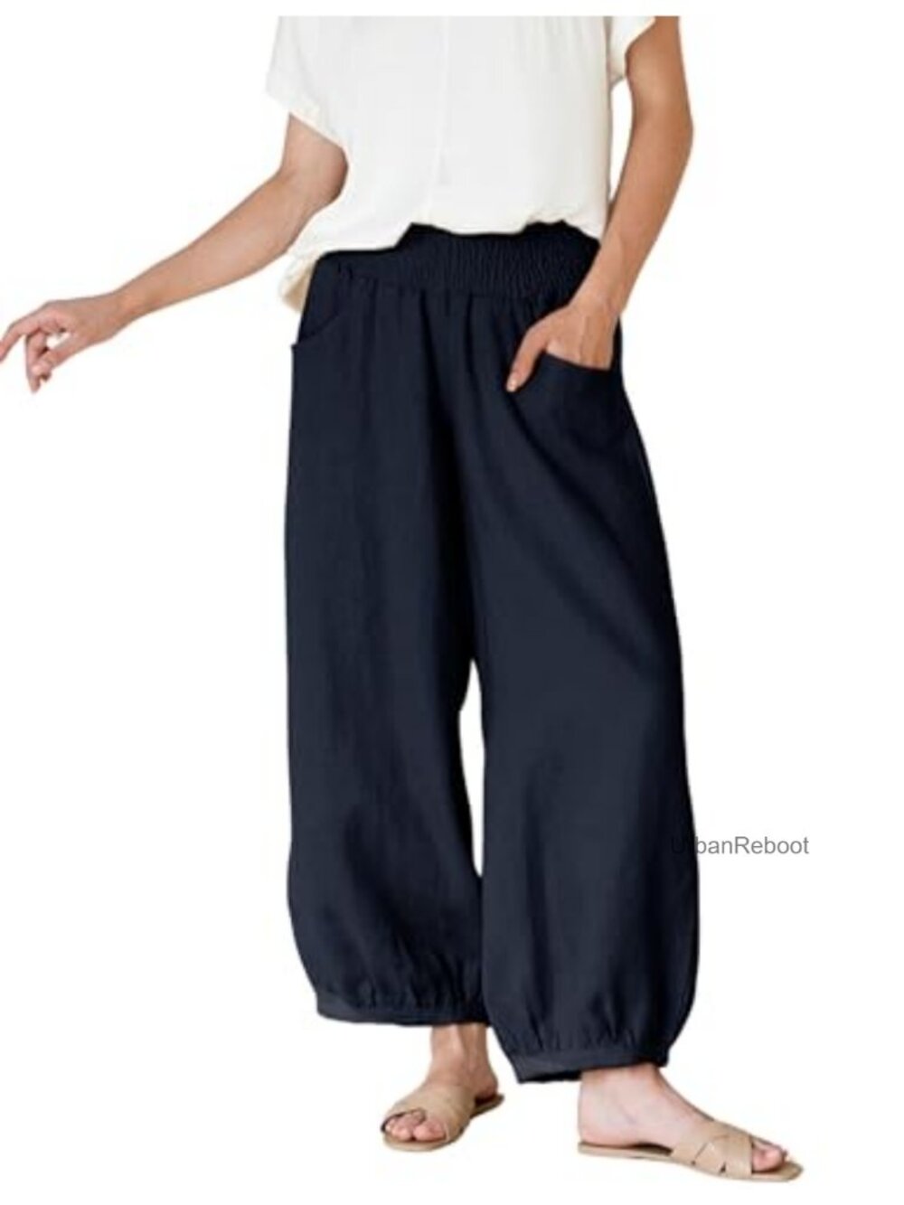 Womens Wide Leg Harem Pants Cotton Linen High Waist Loose Casual